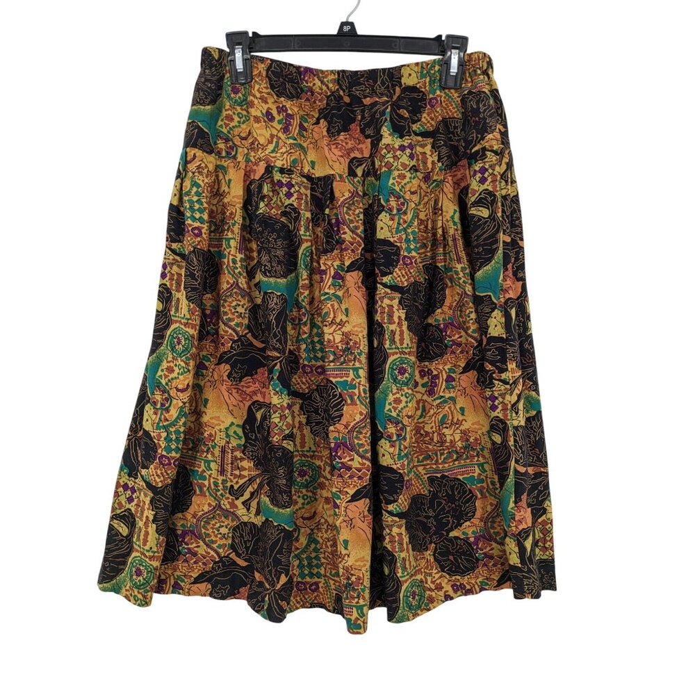 Vintage 90s Abstract Floral Midi Skirt Boho Artsy Festival Indie Cottage Size M